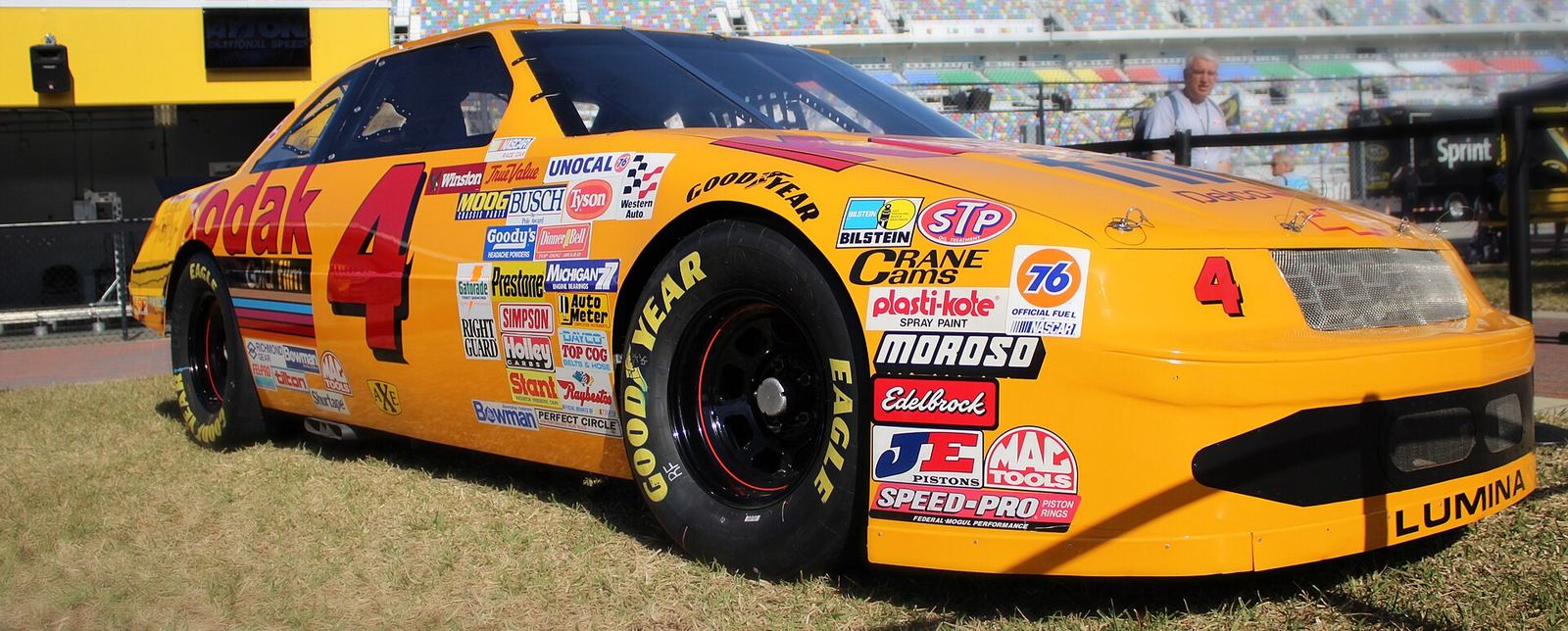 Ernie Irvan's yellow No. 4 Kodak Chevrolet Lumina, the 1991 Daytona 500-winning car, on display