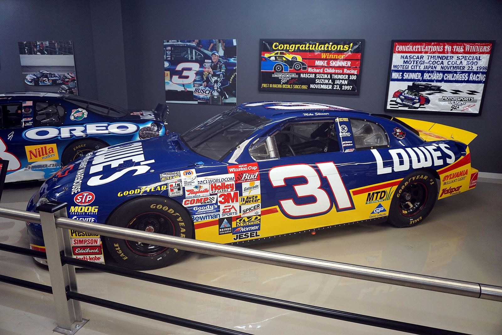 Mike Skinner's blue No. 31 Lowe's Chevrolet Monte Carlo on display at the Richard Childress Racing museum